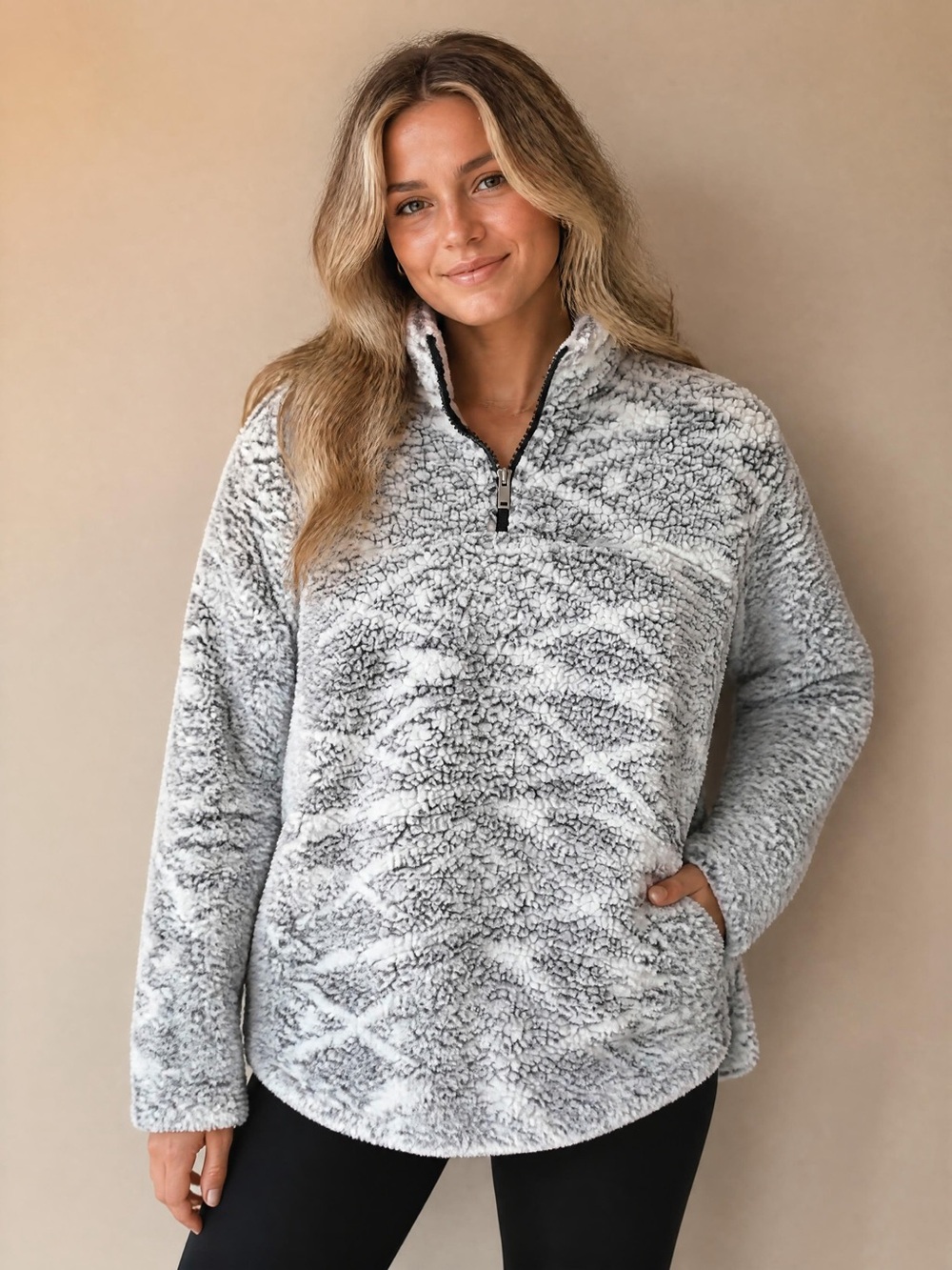 CoffeeShop Plush Half-Zip Sherpa Pullover - Gray White